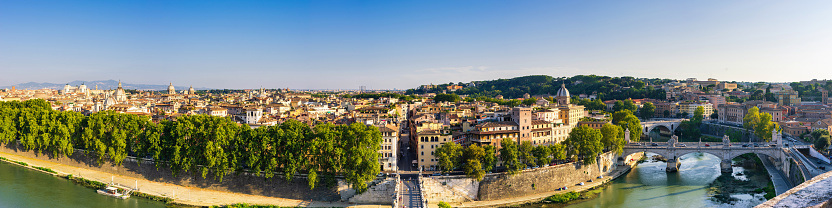 Ultra high definition panoramic image of Rome skyline from aerial point of view. Tiber river and Rome skyline, Italy.