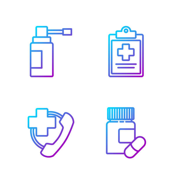 ilustraciones, imágenes clip art, dibujos animados e iconos de stock de establecer línea botella de medicina y píldoras, llamada telefónica de emergencia a hosp - computer icon healthcare and medicine symbol gradient