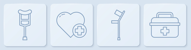 Set line Crutch or crutches, Crutch or crutches, Heart with a cross and First aid kit. White square button. Vector