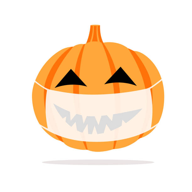 Pumpkin in a protective medical mask. Celebrating Halloween during quarantine. Vector image with a pumpkin, a protective mask, from infection with COVID-19. evil joker silhouette stock illustrations