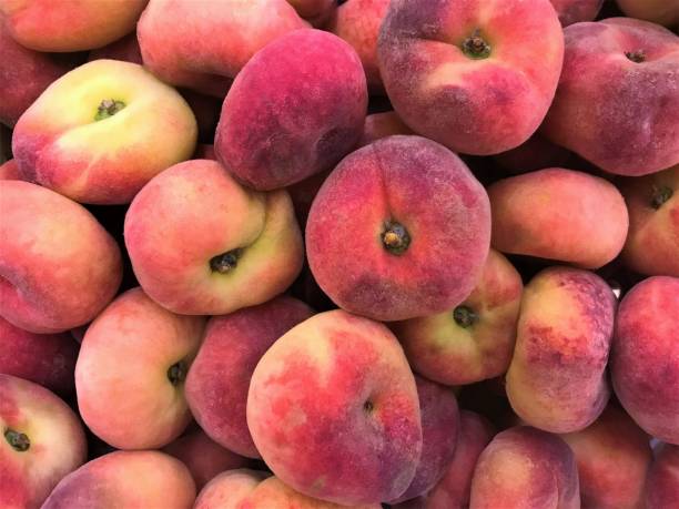 a whole bunch of ripe and overripe red and yellow fig peaches as background - nectarine peach red market imagens e fotografias de stock