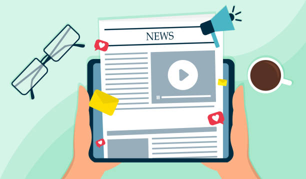 Digital media concept Digital media concept. Top view of the tablet with the latest news page open on the screen. Flat vector illustration. newsletter stock illustrations