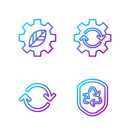 Set line Recycle symbol inside shield, Refresh, Leaf plant in gear machine and Gear and arrows as workflow. Gradient color icons. Vector