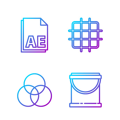 Set line Paint bucket, RGB and CMYK color mixing, AE file document and Grid graph paper. Gradient color icons. Vector