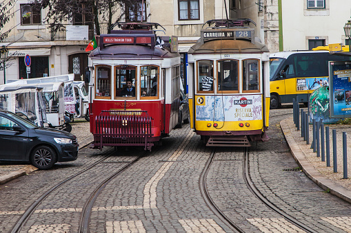 Valparaiso, Chile - January 18, 2018: the old tram runs on the city streets of Valparaiso. Old trolleybus system from 1950 's is one of the icons of Valparaiso city.