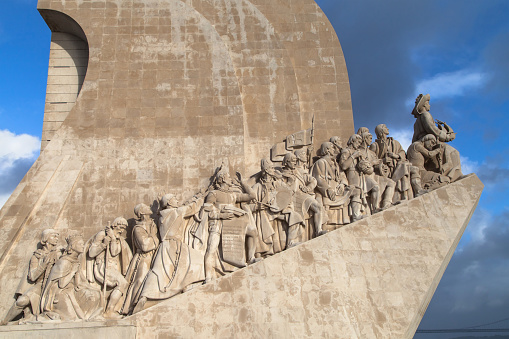 Lisbon, Portugal - December 22, 2019: Western profile of the Monument to the Discoveries in Lisbon, Portugal.