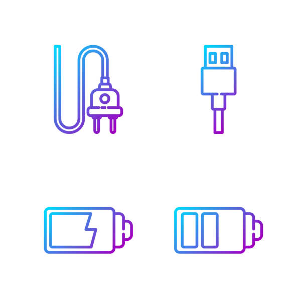 Set line Battery charge level indicator, Battery charge level in Set line Battery charge level indicator, Battery charge level indicator, Electric plug and USB cable cord. Gradient color icons. Vector computer connector stock illustrations