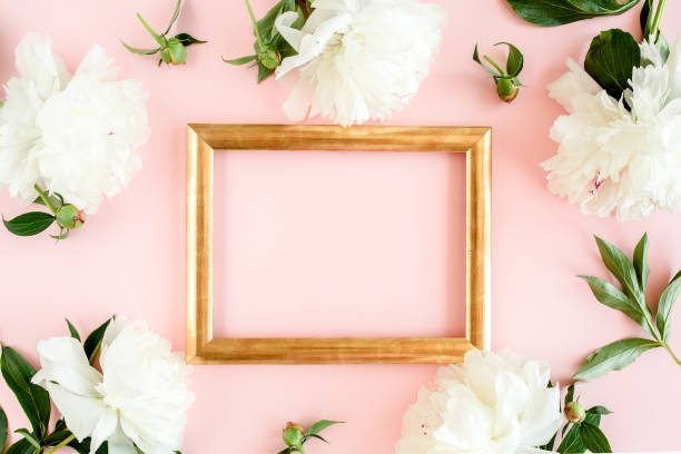 istock Frame of white peony flowers with space for text on pink background. Peony texture. Flat lay, top view 1271588393