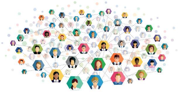 ilustraciones, imágenes clip art, dibujos animados e iconos de stock de ilustración vectorial de un esquema abstracto, que contiene iconos de personas. - computer network social networking connection togetherness
