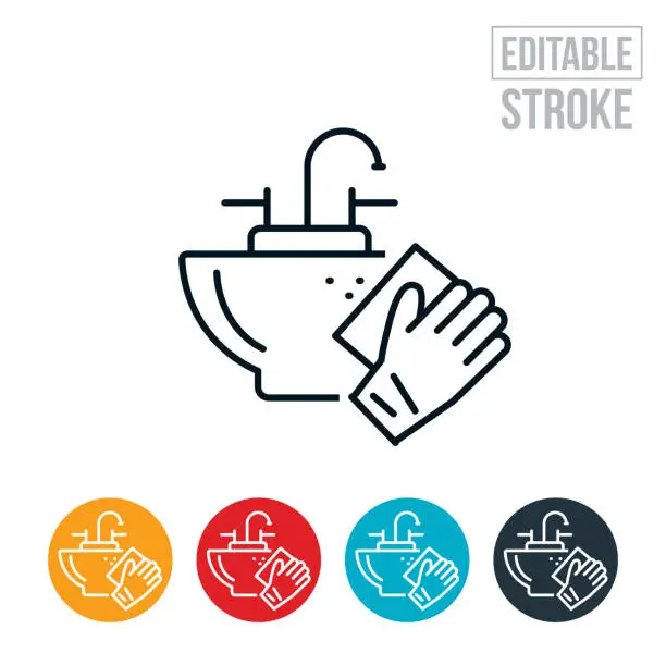 Vector illustration of Gloved Hand Disinfecting Sink Thin Line Icon - Editable Stroke