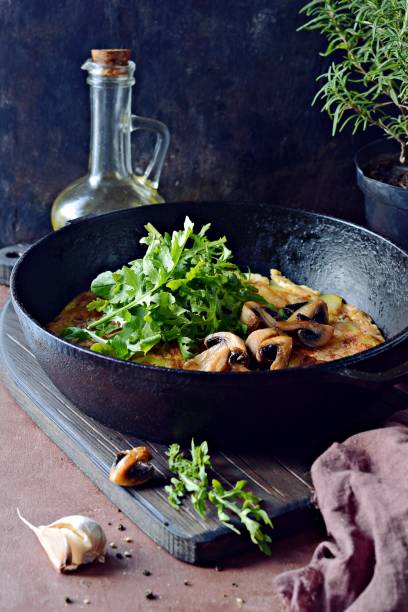 istock Frittata with potatoes, mushrooms, arugula and herbs for breakfast on a dark background. 1271588868