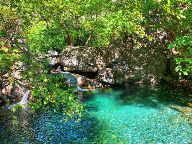 hasanboguldu lake, ida mountains(kazdaglari),edremit, balikesir, turkey - natural phenomenon waterfall rock tranquil scene imagens e fotografias de stock