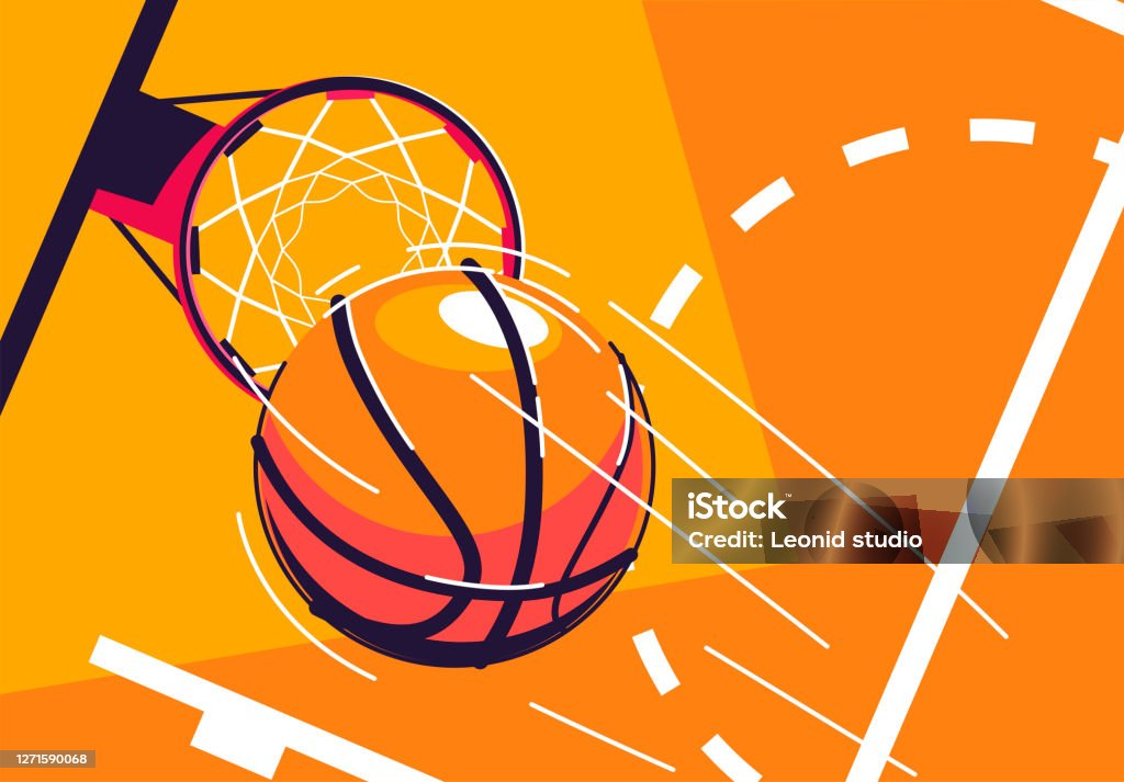Vector illustration of a basketball flying into a basketball Hoop, top view, with a piece of marking of the baskotball court - Royalty-free Basquetebol arte vetorial