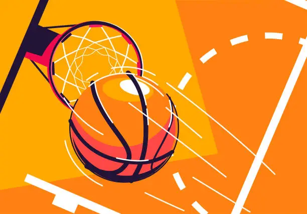 Vector illustration of Vector illustration of a basketball flying into a basketball Hoop, top view, with a piece of marking of the baskotball court