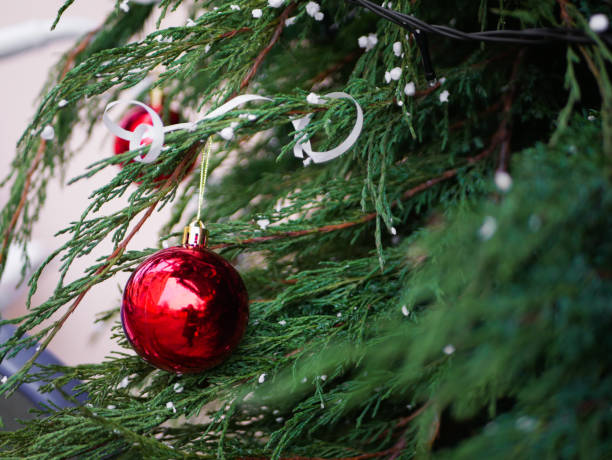 istock red garland ball hanging on the tree close-up 1271591185