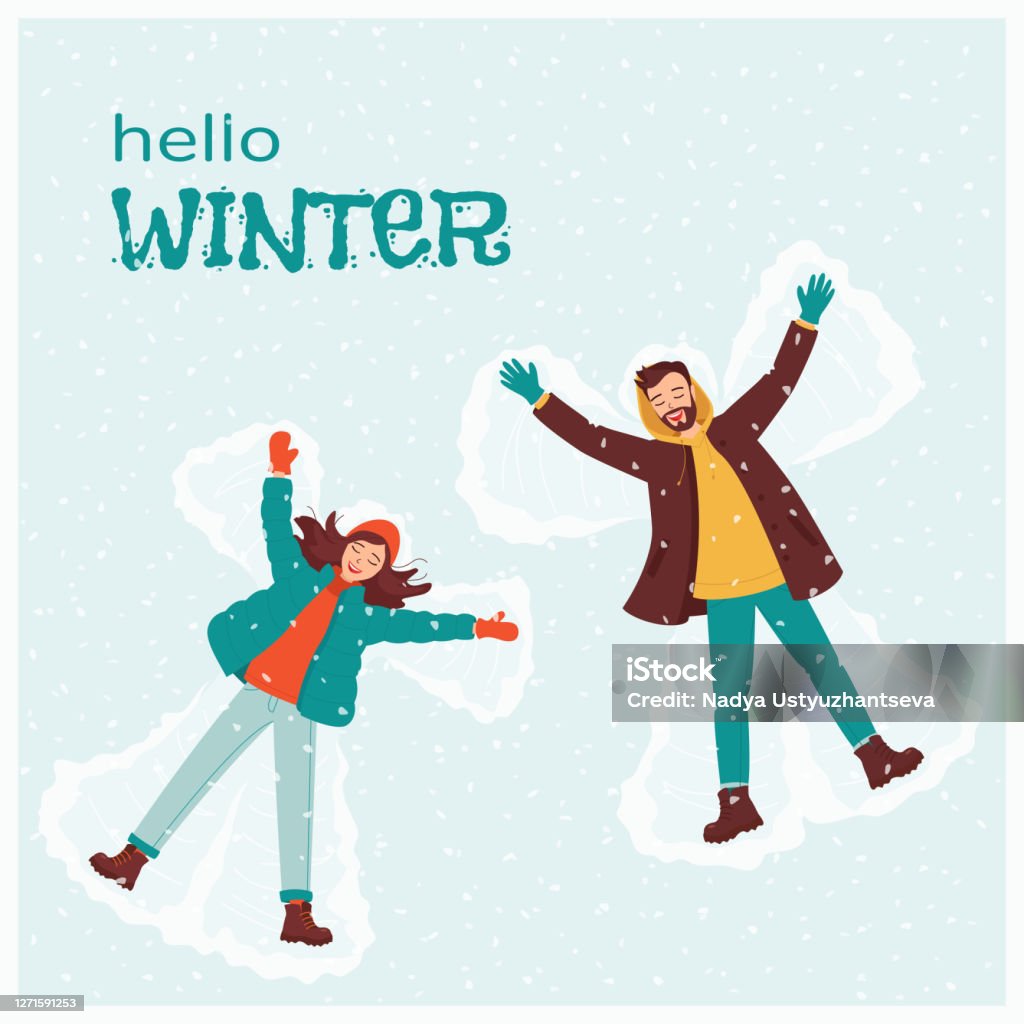 De jonge gelukkige glimlachende man en de vrouw maken een sneeuwengel. Concept voor wenskaart, banner, uitnodiging hallo de winter, gelukkige vakantie. Buitenactiviteiten in de winter. Leuke vectorillustratie - Royalty-free Engel vectorkunst