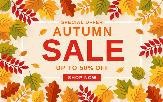 Autumn background and text Autumn Sale. Poster, card, flyer, label, banner design.