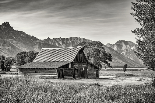 An iconic abandoned barn framed by the beauty of the Teton range in Grand Teton National Park, Wyoming.