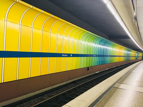 Yellow-green-blue color, good design of the subway station