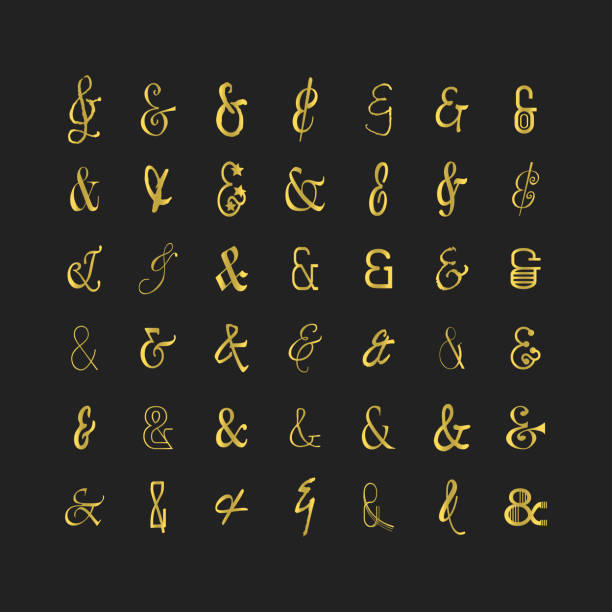 Golden modern and trendy different shapes of thin line stylized and isolated ampersand icons set on black background Golden modern and trendy different shapes of thin line stylized and isolated ampersand icons set on black background ampersand stock illustrations