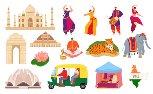 ilustrações de stock, clip art, desenhos animados e ícones de travel to india, indian landmark tourism set of vector illustrations. taj mahal building architecture and culture, hindustani people. - new seven wonders of the world