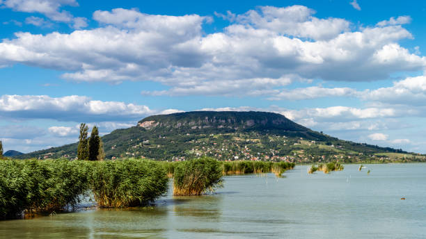 Scenic view of Badacsony hill and Lake Balaton in summer. Colorful landscape in Hungary.