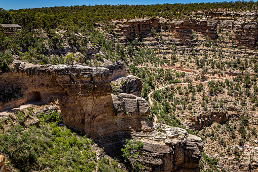 A view of the Bright Angel Trailhead at the Grand Canyon in Arizona from the Rim Trail on the South Rim