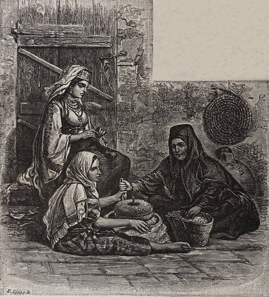 istock Antique illustration - Women grinding at the mill - Palestine 1271603706