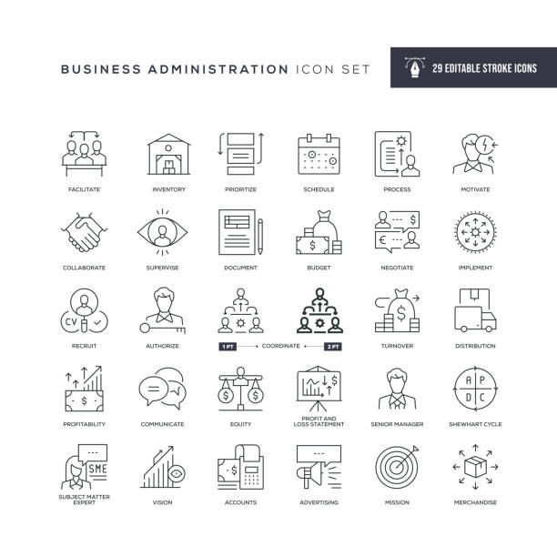 ilustrações de stock, clip art, desenhos animados e ícones de business administration editable stroke line icons - coordination