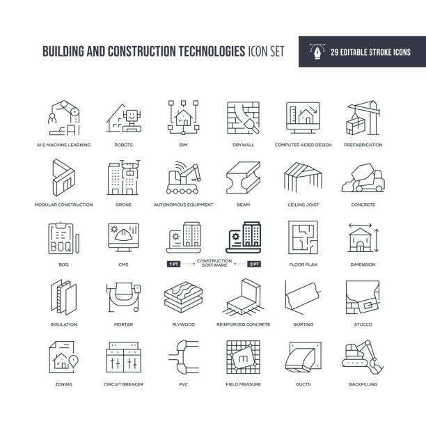 Building and Construction Technologies Editable Stroke Line Icons 29 Building and Construction Technologies Icons - Editable Stroke - Easy to edit and customize - You can easily customize the stroke with drone symbols stock illustrations