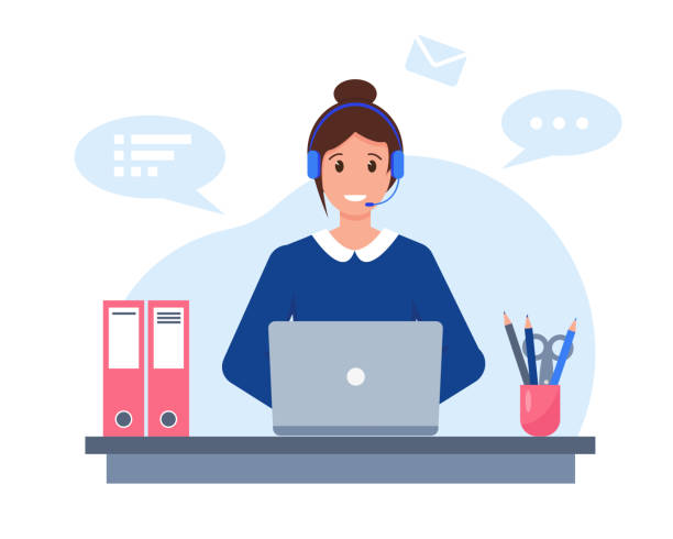 młoda kobieta ze słuchawkami, mikrofonem i laptopem. - headset receptionist support telephone stock illustrations