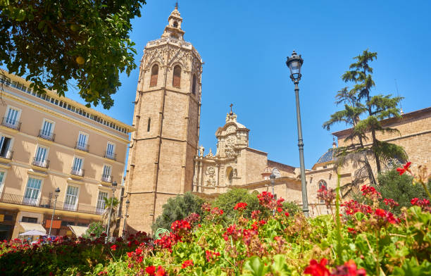 nice view of the cathedral of valencia, from the plaza de la reina - valencia cathedral imagens e fotografias de stock