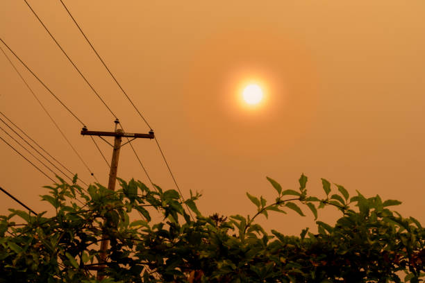 dicker waldbrandrauch verwandelt den himmel orange im bay area, nordkalifornien. foto aufgenommen in santa clara, ca, im herzen von 'silicon valley', 8. september 2020, 17:22 uhr. - wildfire smoke stock-fotos und bilder