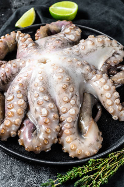 istock Raw octopus in a plate with cooking ingredients. Black background. Top view 1271611794
