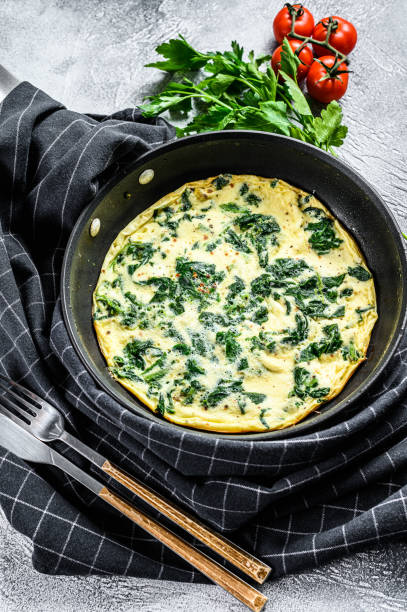 istock Italian Spinach and Cheese Omelet.  Gray background. Top view 1271612452