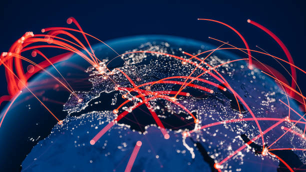 global communication network (world map credits to nasa) - börse fotos stock-fotos und bilder