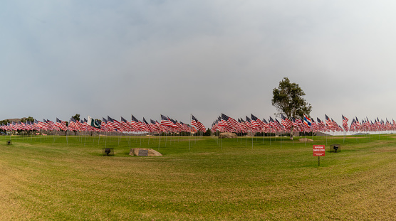 Malibu, California , USA 0- September 9th 2020: Flags at the 9/11 Memorial at the Pepperdine University campus