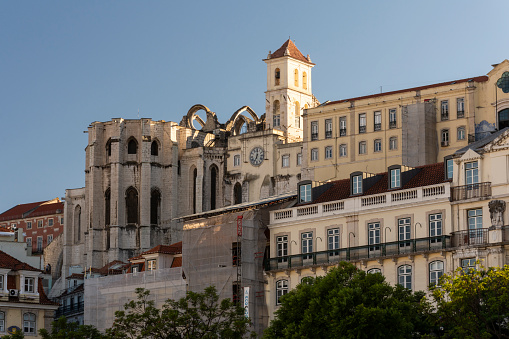 Beautiful view to old historic Carmo Convent city building in Lisbon, Lisbon, Portugal