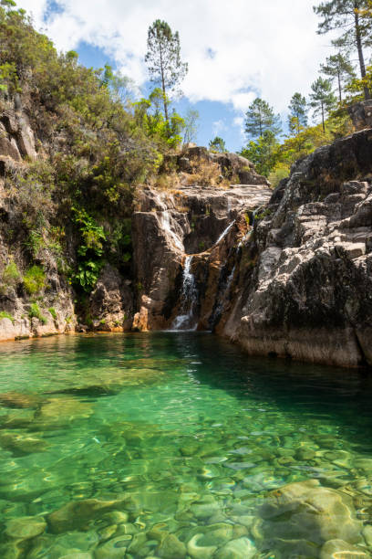 istock Beautiful view to crystal clear green water pool on river waterfall 1271618398