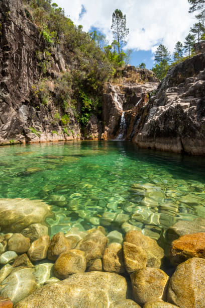 istock Beautiful view to crystal clear green water pool on river waterfall 1271618404