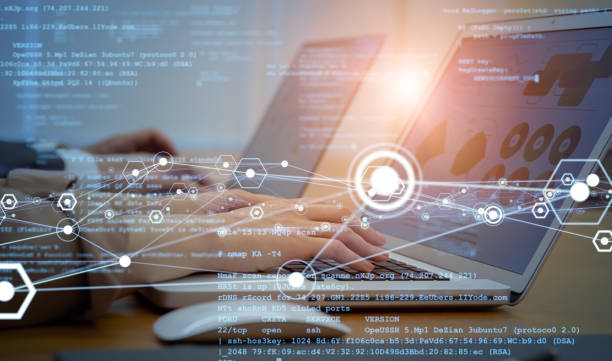 system engineering concept. engineers working in the office. gui (graphical user interface). - computer keyboard human hand computer internet imagens e fotografias de stock