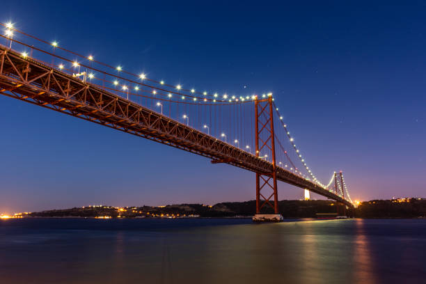 istock Beautiful view to 25 de Abril Bridge over Tejo River on early night 1271620686