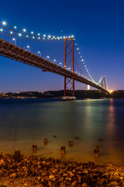 istock Beautiful view to 25 de Abril Bridge over Tejo River on early night 1271620689