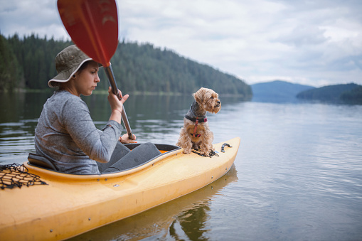 Young beautiful woman is kayaking with her dog at the mountains