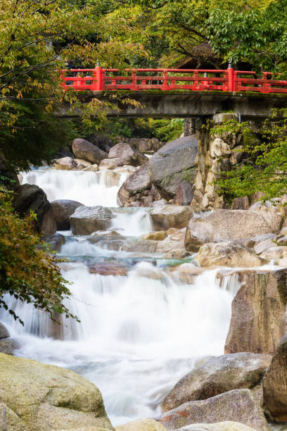 istock Red Japanese bridge over waterfall 1271631298