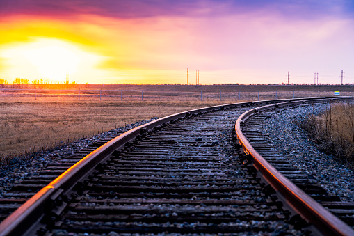 Railroad at sunset, south of SK, Canada.