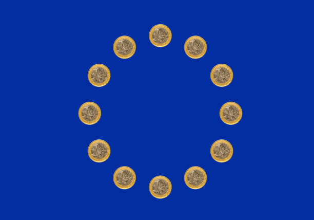 european union flag with euros as stars - european union coin european union currency coin isolated objects imagens e fotografias de stock