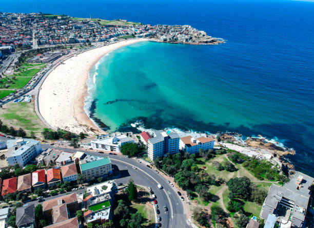 istock Panoramic Aerial Drone view of Bondi Beach cliffs Sydney Australia 1271634026