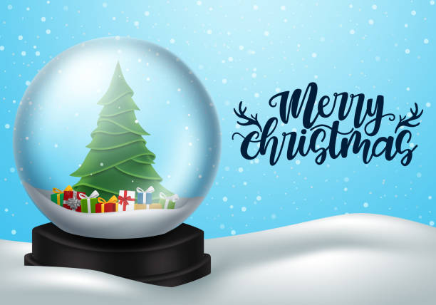 istock Christmas snow ball vector banner design. Merry christmas greeting text with snow globe xmas tree and gift elements in snow winter background. 1271637912