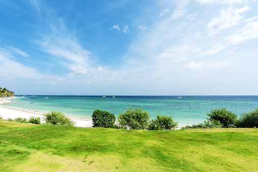 Green lawn beside tropical beach and turquoise sea with clear sky